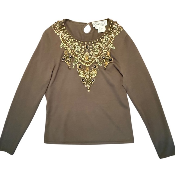 Carlisle Olive Green Embellished scoop neck long sleeve Sweater Size Large $325 - Picture 1 of 9